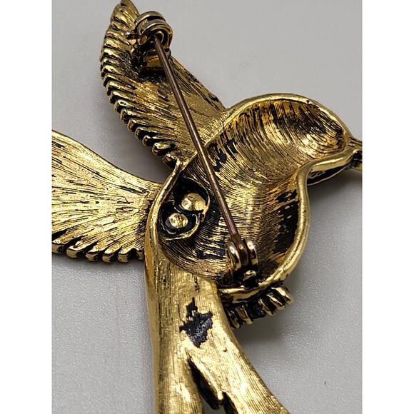 Vintage Gold Tone Hummingbird Brooch Textured Rhinestone Eye 1970s - Picture 6 of 7